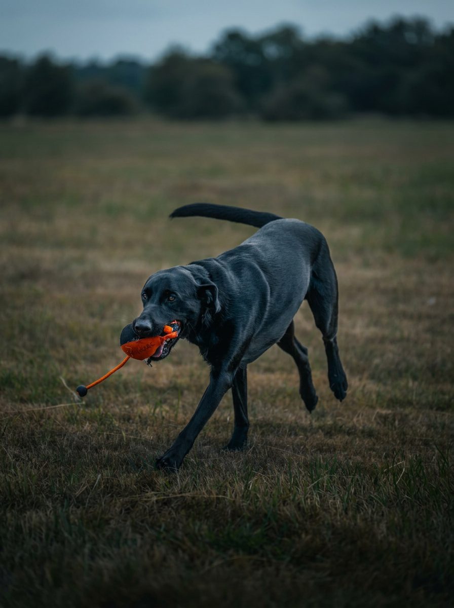 Black Labrador carrying an orange training dummy